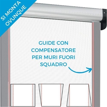 Zanzariera per finestra con guide con compensatore per muri fuori squadro storti